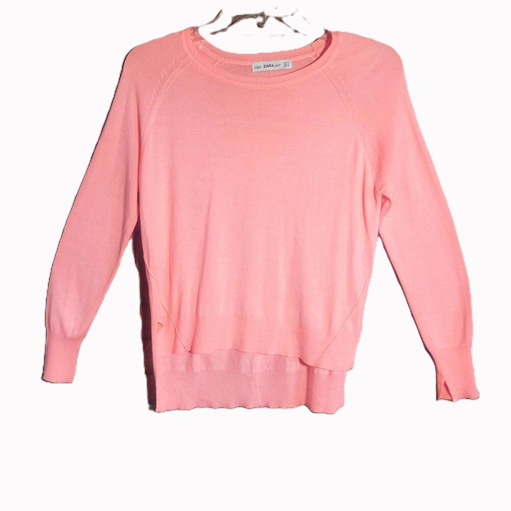 Zara Women's Basic Long Sleeve Sweater Peach/Pink Round Neck Side Slit - Size S - Picture 2 of 9